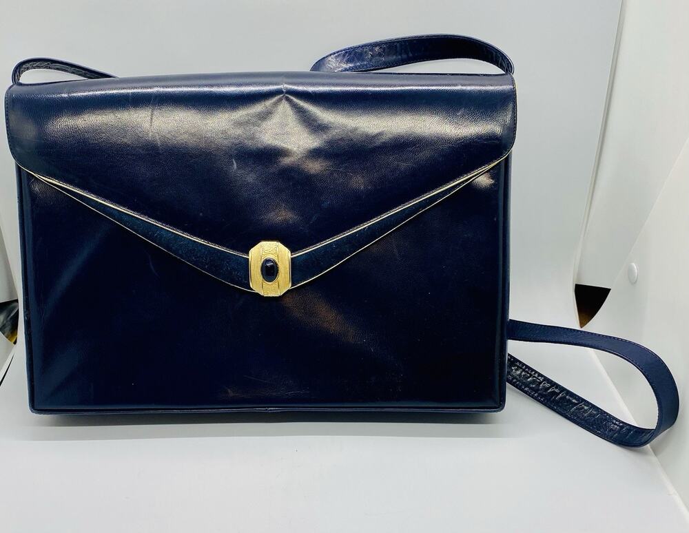 Bally Vintage Leather Crossbody Bag Midnight Blue Removable Strap Italy